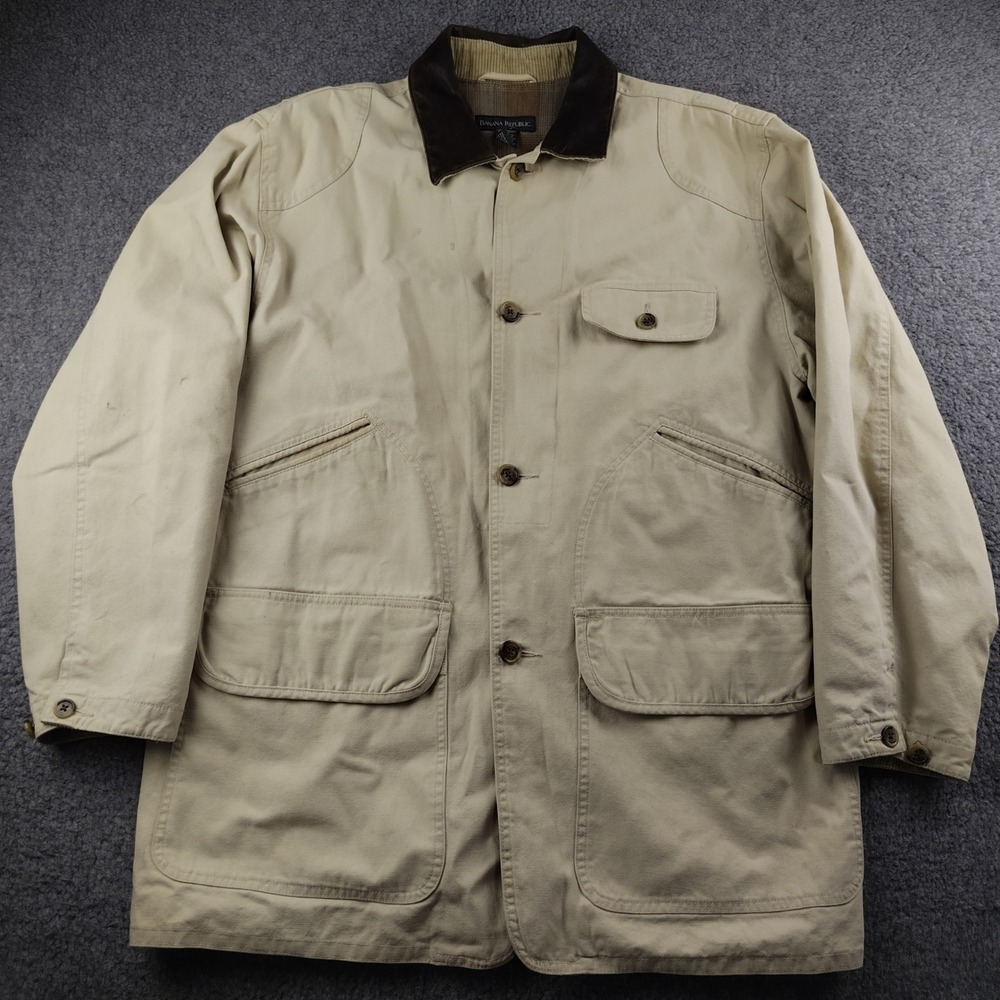 Banana Republic‎ Barn Coat Mens Medium Canvas Leather Collar Beige Chore Field